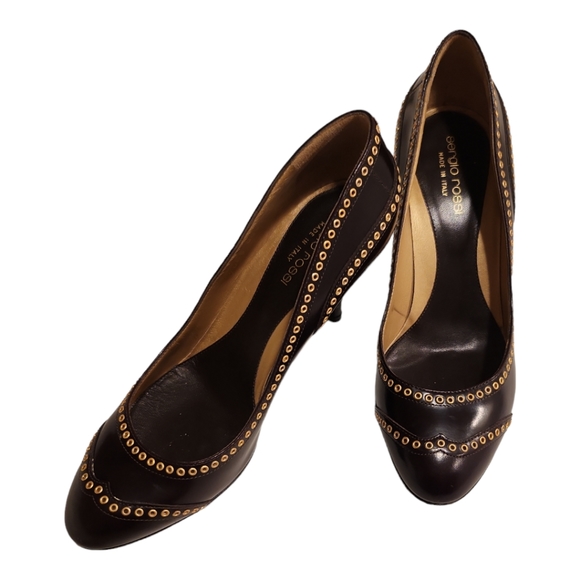 SERGIO ROSSI Brown Leather Gold Eyelets Luxury Pumps Size 36.5 / US 6.5. - Picture 1 of 10